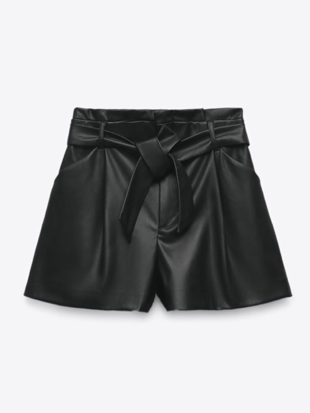 Zara Black Faux Leather High-Waist Paperbag Shorts with Belt